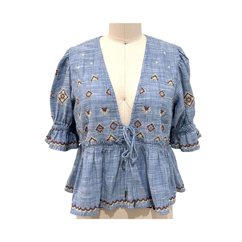 FREE PEOPLE Tallulah Embroidered Chambray Puff Sleeve Cropped Top Size S - Picture 5 of 13